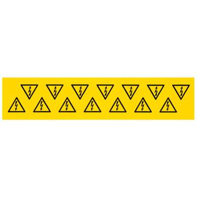 Cartello di avvertimento giallo con simboli di fulmini neri che segnala pericoli elettrici. 13 triangoli sono disposti in una fila.