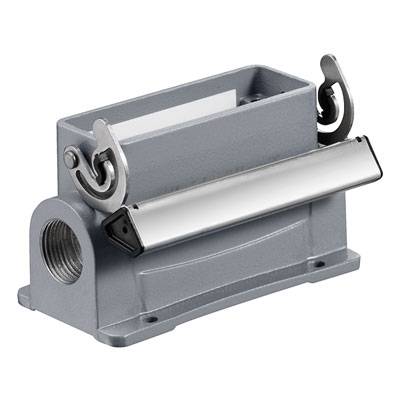 Involucro metallico con due dispositivi di chiusura sui lati. Adatto a proteggere i connettori elettronici da influenze esterne.