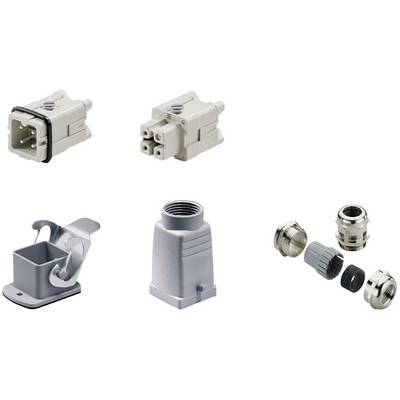 Diversi connettori industriali e involucri di forme e dimensioni diverse, utilizzati per connessioni tecniche.