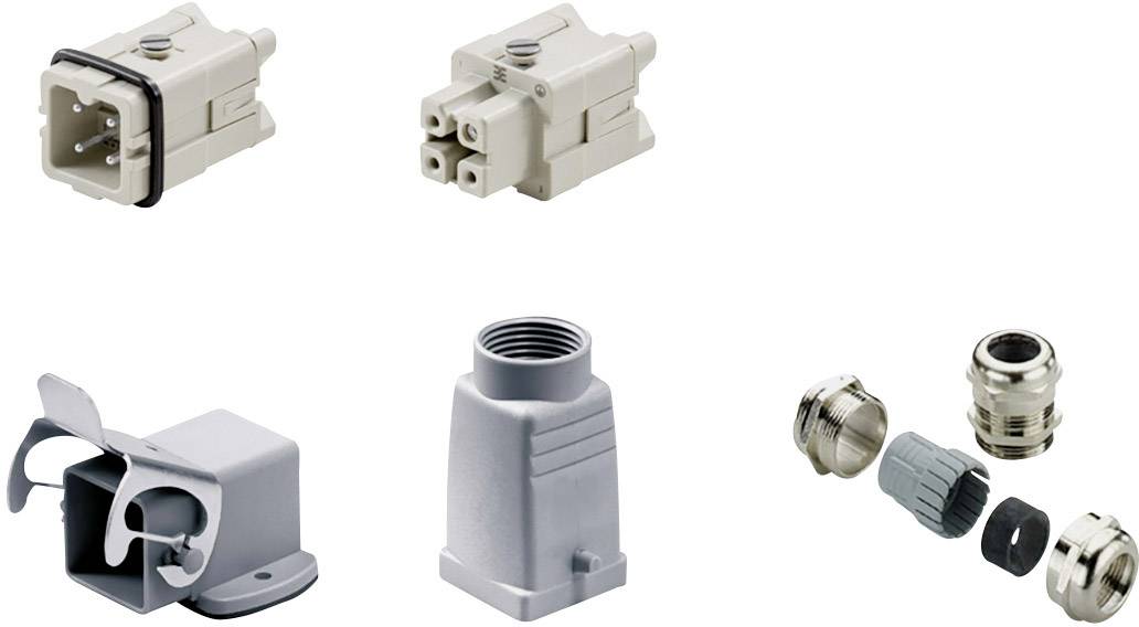 Cinque diversi componenti per connettori e alloggiamenti in tonalità di grigio, tra cui forme rettangolari e circolari, per applicazioni elettriche.