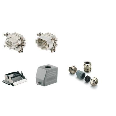 Vari connettori industriali e accessori mostrati in un ambiente di studio. Include involucri, inserti e passacavi.