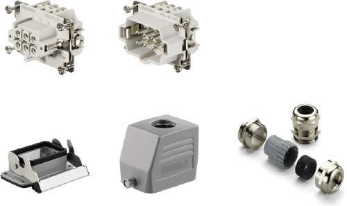 Cinque componenti industriali: Due connettori multipolari, zoccolo, involucro di protezione e pressacavi. Elementi di connessione elettrica.