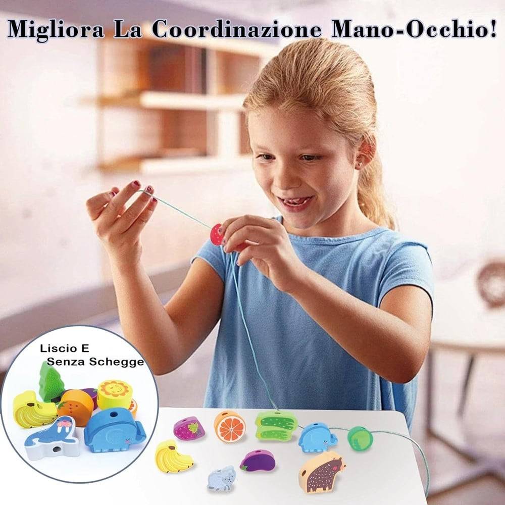 Gioco Perline Giocattolo In Legno Infilatura Educativo Abilità Motorie Bambini 32352 --3