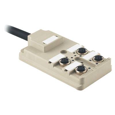 Un blocco distributore rettangolare beige con quattro connettori rotondi e un cavo che fuoriesce da un lato.