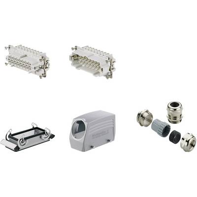 Connettori industriali: sopra due connettori multipolari, sotto telaio metallico, involucro in plastica e pressacavi.