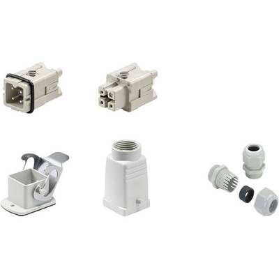 Vari connettori elettrici e accessori in plastica e metallo, inclusa una parte passacavo grigia.