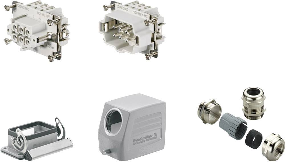 Diversi connettori elettrici e componenti di involucri. Contiene prese multiple, guscio dell'involucro e pressacavi per applicazioni industriali.