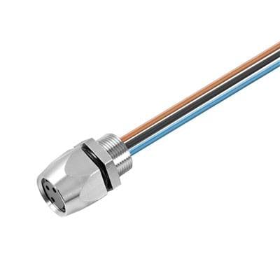 Un connettore argentato con tre cavi colorati (marrone, blu, nero) sporge in fuori. Utilizzato principalmente per connessioni elettriche.