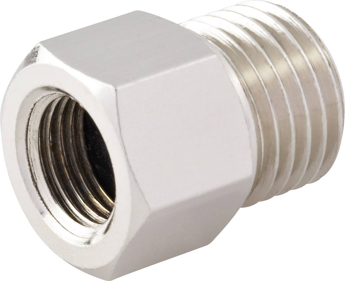 Un raccordo metallico cromato con filettatura interna ed esterna, utilizzato per collegare tubi o condutture.