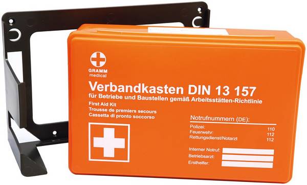Kit di pronto soccorso, arancione, DIN13157, dotazione di base incl. supporto a parete