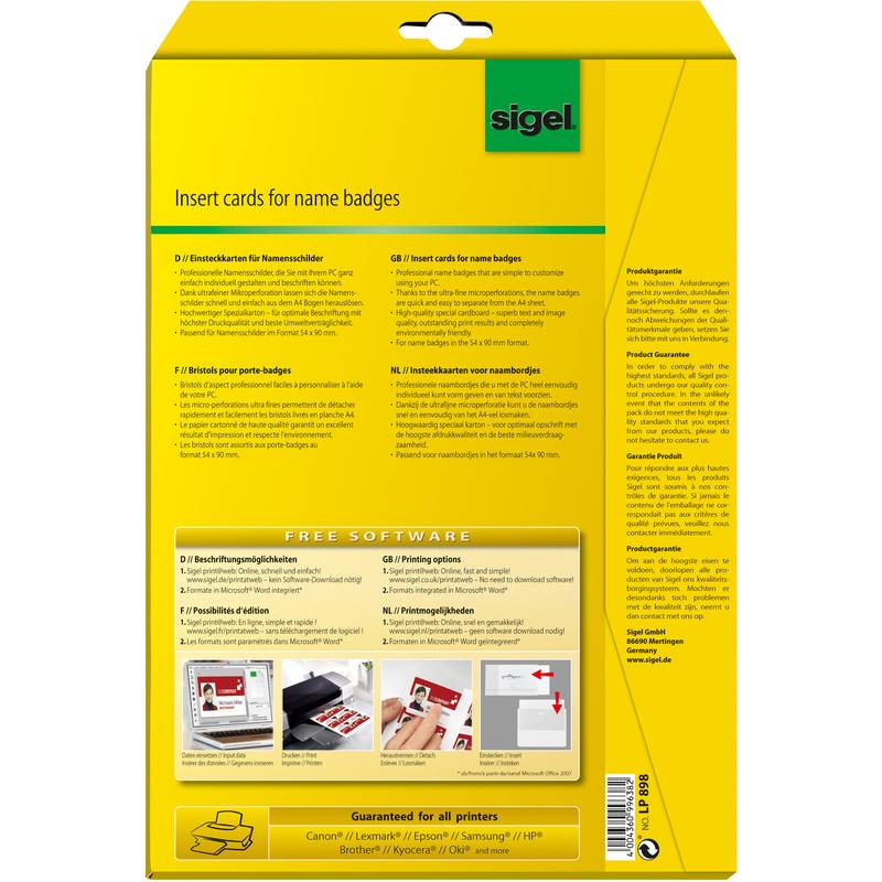 Sigel - Weiß - 54 x 90 mm - 185 g/m² - 100 Stck. (10 Bogen x 10) Namensbadge-Karten-0