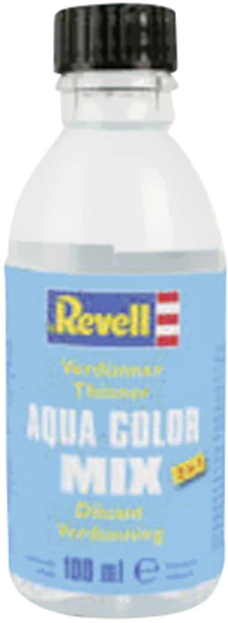 Bottiglia di plastica con etichetta blu recante la scritta 'Revell Aqua Color Mix'. Contiene 100 ml di diluente per colori per modellismo.