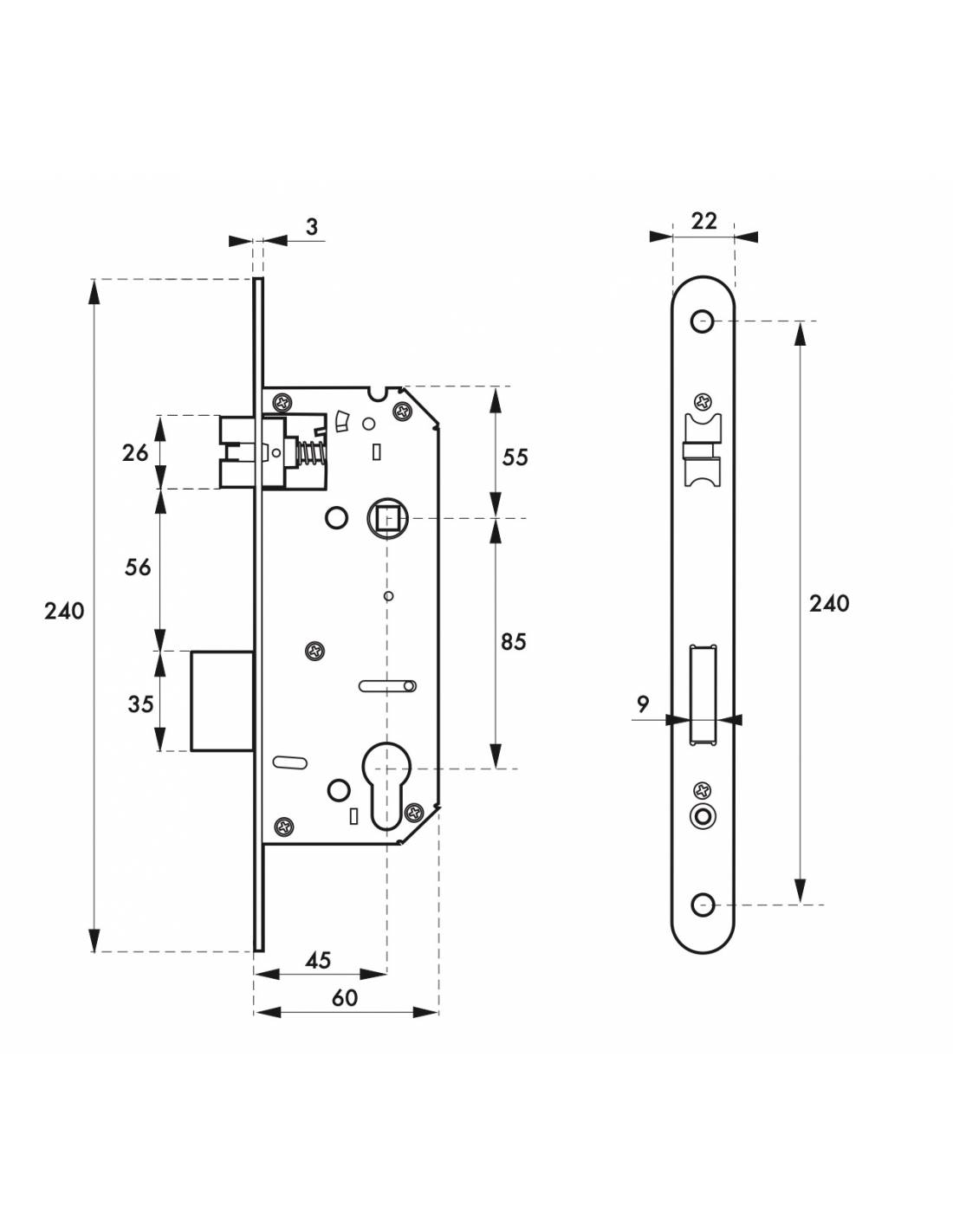 Serratura da incasso asse 45 mm, interasse 85 mm, frontale arrotondato – THIRARD-1