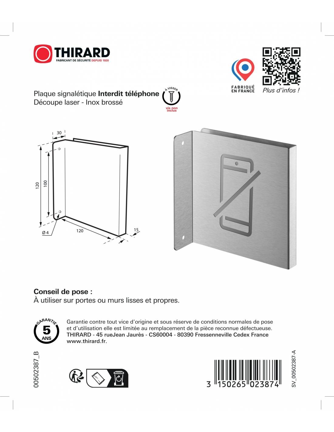 Targa segnaletica >, acciaio inox spazzolato, 120 x 120 mm, con bordo ripiegato – THIRARD-2