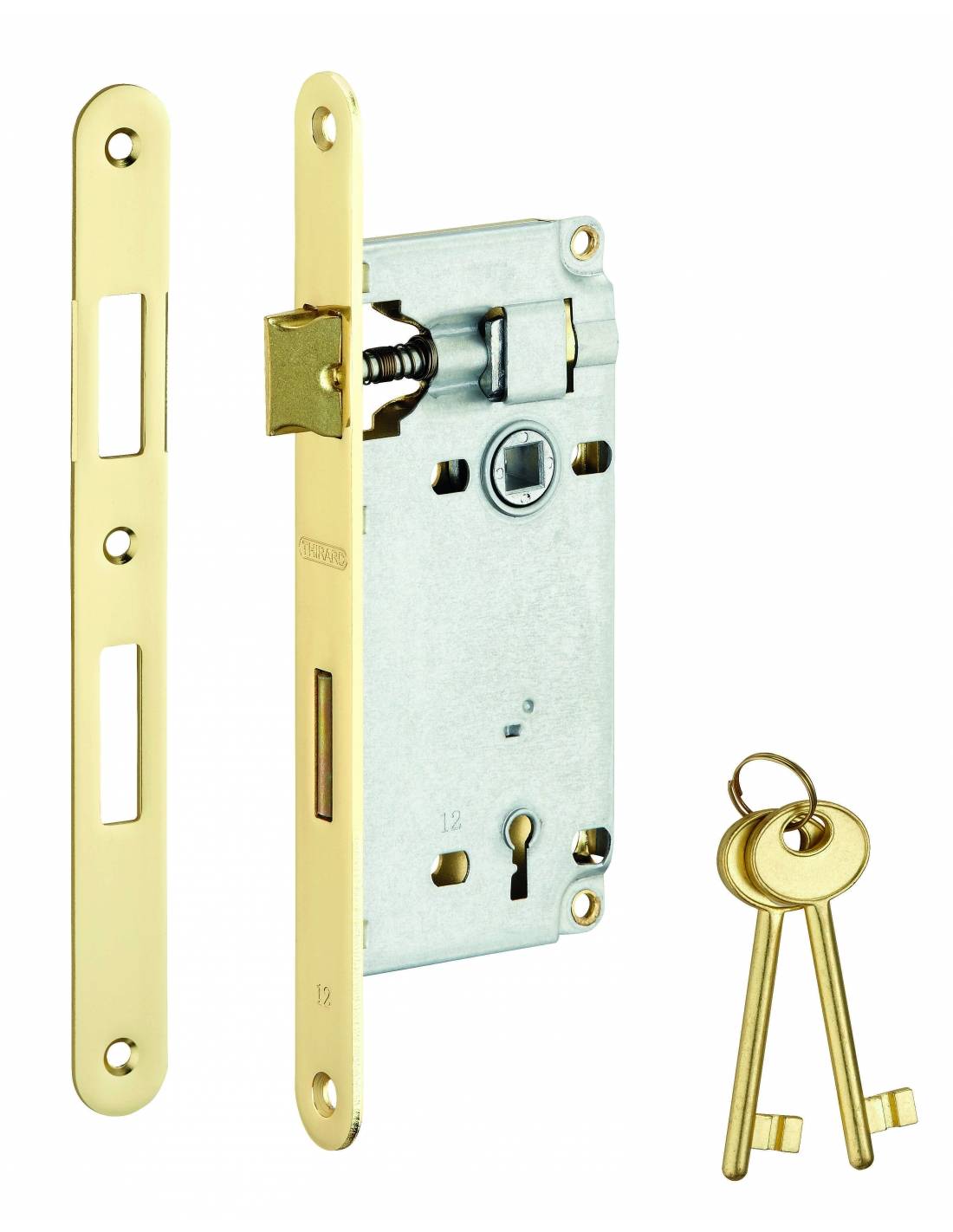 Serratura ECO da incasso, asse 45 mm, interasse 75 mm, frontale ottonato, 2 chiavi – THIRARD-0