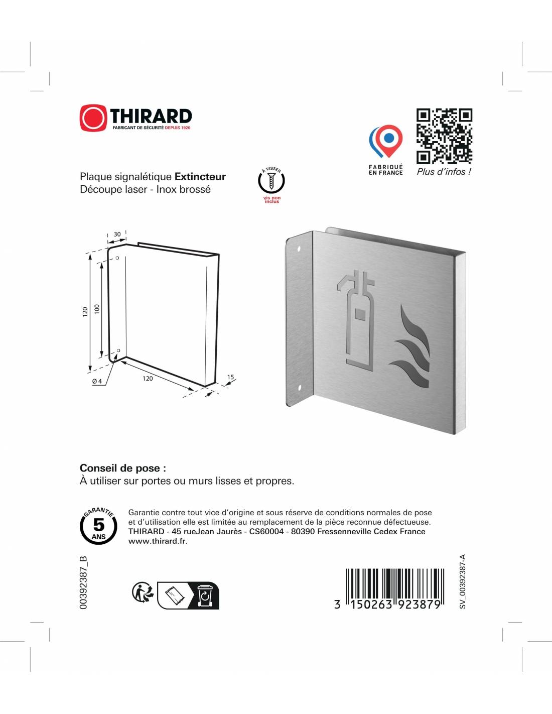 Targa segnaletica >, acciaio inox spazzolato, 120 x 120 mm, con bordo ripiegato – THIRARD-1