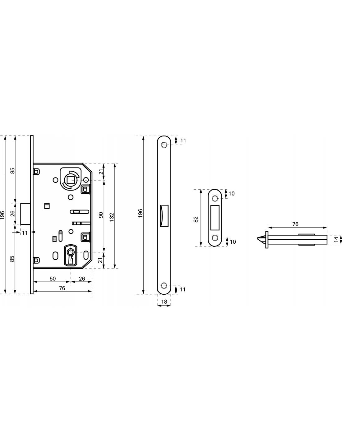 Serratura patent versione BR, asse 50 mm, interasse 90 mm, frontale cromato opaco, 1 chiave – THIRARD-2