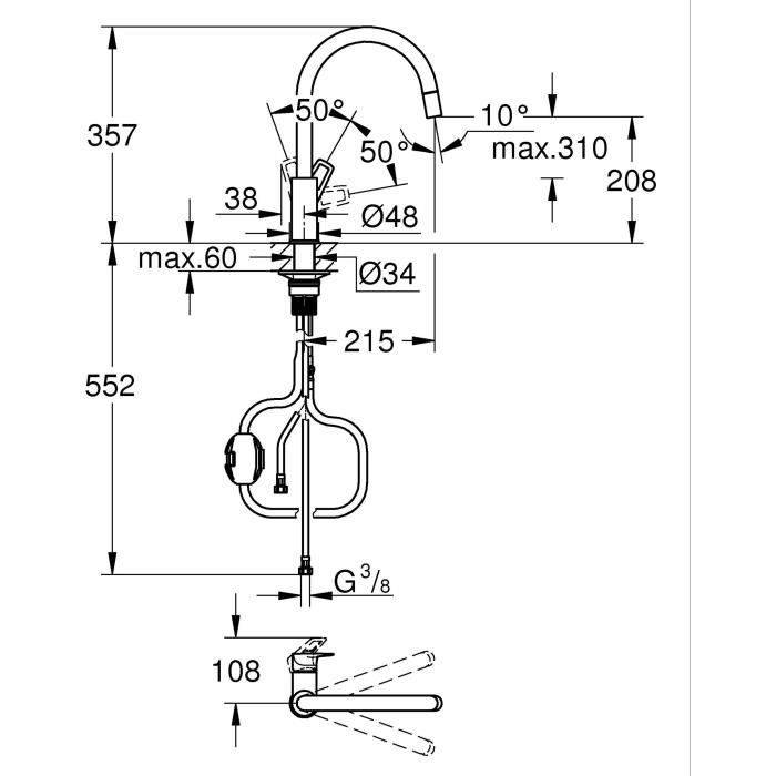 Rubinetto cucina - Miscelatore monocomando lavello - Cromo - Bocca alta a C - Aeratore estraibile - GROHE StartLoop - 30-2