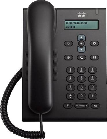 Un telefono per ufficio nero con tastiera e display che mostra una data e un'ora. Il logo Cisco è visibile nella parte superiore.