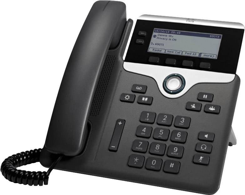 Un telefono da ufficio nero con display, ricevitore e tastiera, che mostra 'VPN Voice is ON' sullo schermo.