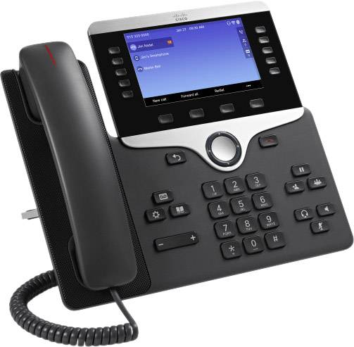 Un telefono da ufficio con display mostra contatti e opzioni sullo schermo. Tastiera numerica, ricevitore e tasti funzione sono visibili.