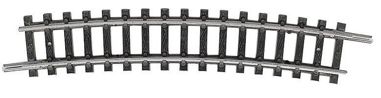 Un binario curvo per modellismo ferroviario con traverse nere e rotaie argentate, adatto a modelli in scala H0.