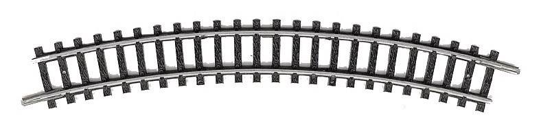 Un singolo binario curvo per modellismo ferroviario in plastica nera con rotaie in metallo, adatto per scala H0.