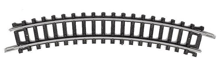 Binario di un modello di ferrovia curvo in primo piano, in plastica nera con rotaie d'argento.