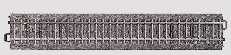 Un singolo pezzo di binario metallico, dritto e grigio, su sfondo bianco. È inutilizzato e pulito.