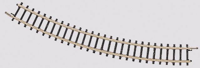 Un binario curvo per modellismo ferroviario che si estende con una leggera curvatura da sinistra a destra. Adatto per layout di modellini di treni.
