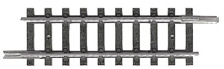 Un breve tratto di binari per modellismo ferroviario, composto da due rotaie metalliche e diverse traverse, visto dall'alto.
