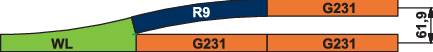 Il diagramma mostra tre aree colorate: 'WL' in verde, 'R9' in blu, due volte 'G231' in arancione. Lunghezza totale: 57,9 cm.