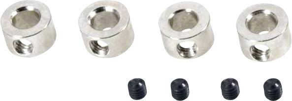 Quattro parti metalliche cilindriche color argento con fori filettati laterali, con quattro piccole viti nere su sfondo bianco.