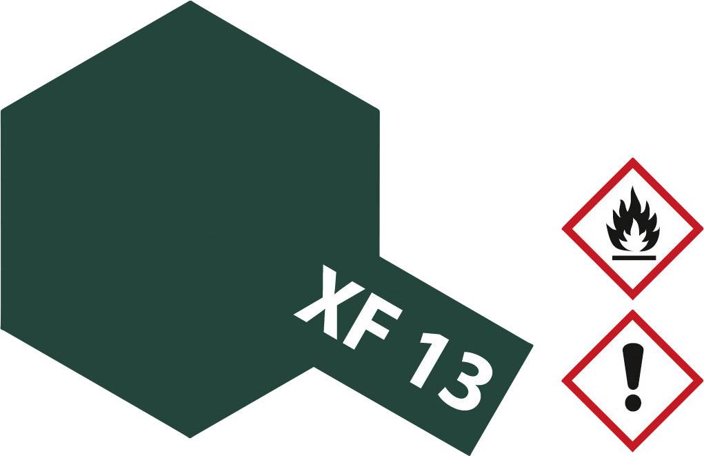 Un campione di colore verde scuro con la denominazione 'XF 13'. Accanto al campione sono presenti simboli di avvertenza per l'infiammabilità e il pericolo generico.