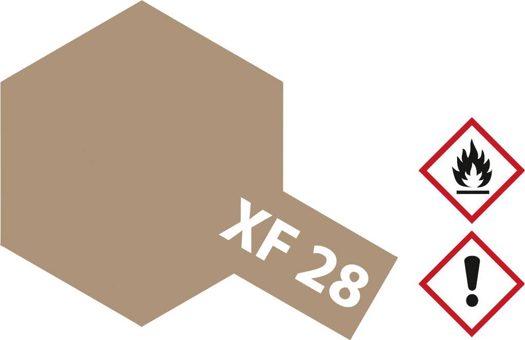 Esagono beige con la scritta 'XF 28' a sinistra, due simboli di pericolo: fiamma e punto esclamativo sul lato destro.