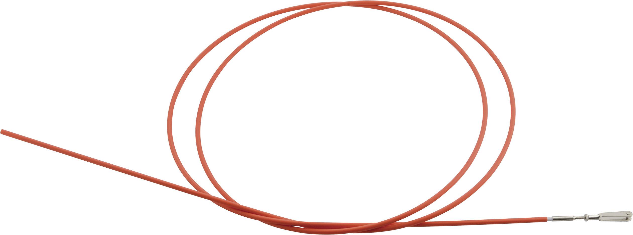 Un cavo in fibra ottica rosso con connettore, arrotolato e parzialmente srotolato su sfondo bianco.