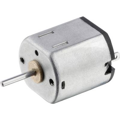 Un piccolo motore elettrico con involucro in metallo, albero visibile e fili di connessione, tipico per applicazioni di modellismo.
