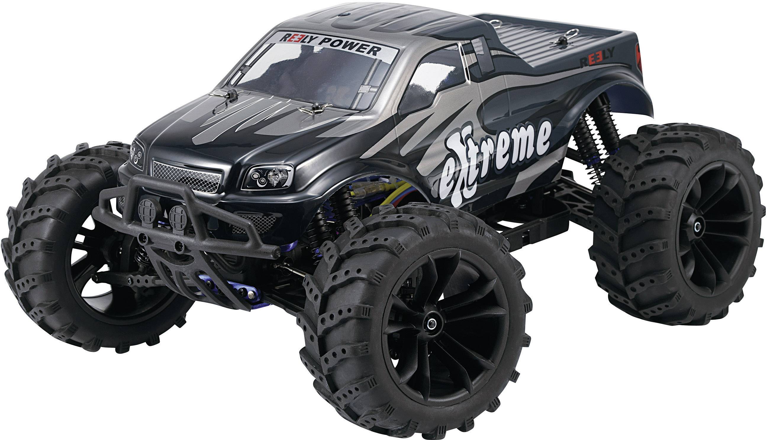 Auto giocattolo telecomandato con grande design fuoristrada nero e la scritta 'Extreme' sul lato.