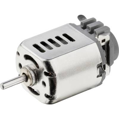 Piccolo motore in corrente continua con involucro metallico e feritoie di ventilazione. Il lato anteriore mostra l'albero motore. Adatto per modellismo.