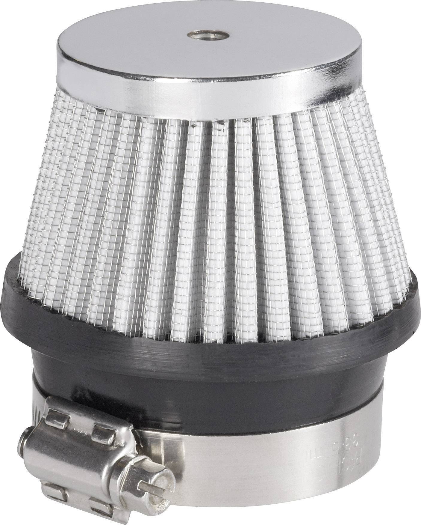 Filtro aria conico in argento con base nera e morsetto metallico, adatto per veicoli.