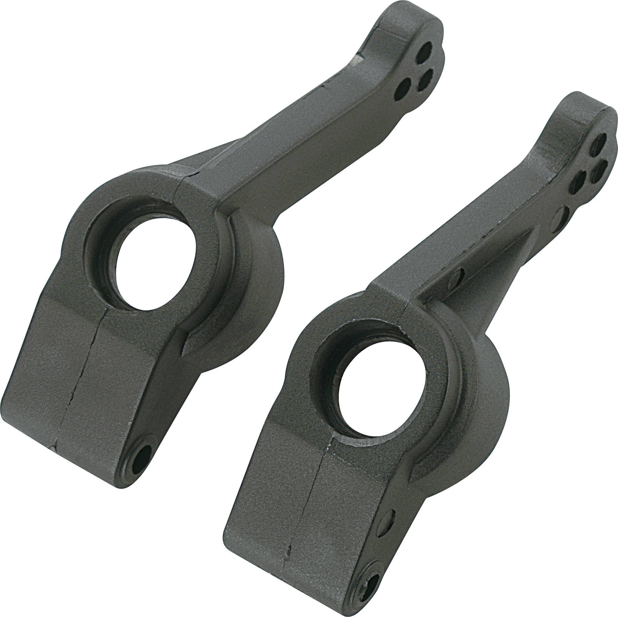 Due braccetti di sospensione RC neri in plastica con fori rotondi, utilizzati per il montaggio in modelli di veicoli.
