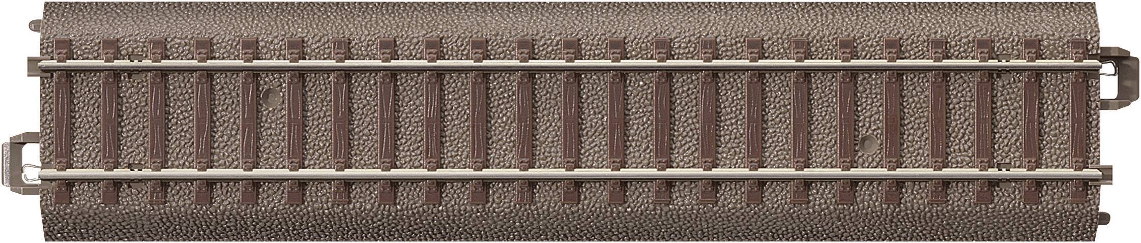 Tratto di binario per modellismo ferroviario con massicciata marrone e due binari paralleli.