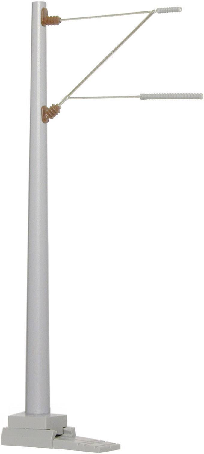 Modello di un palo elettrico grigio con due traversine e isolatori. Ideale per modellismo o paesaggi ferroviari.