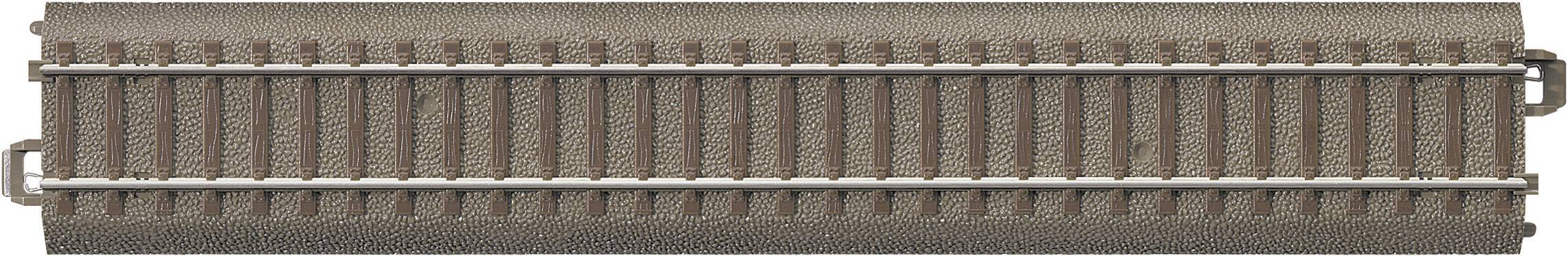 Binario per modellismo ferroviario con rotaie in metallo e massicciata marrone. Adatto per progetti di modellismo ferroviario e veicoli su rotaia.
