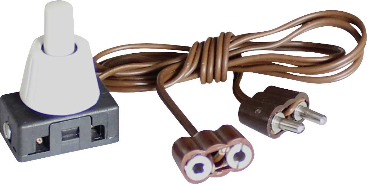 Un cavo marrone attorcigliato con un interruttore bianco e una spina bipolare, adatto a scopi elettrici.