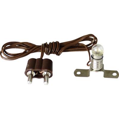 Cavo elettrico marrone collegato con una spina a una piccola lampadina in un portalampada metallico.