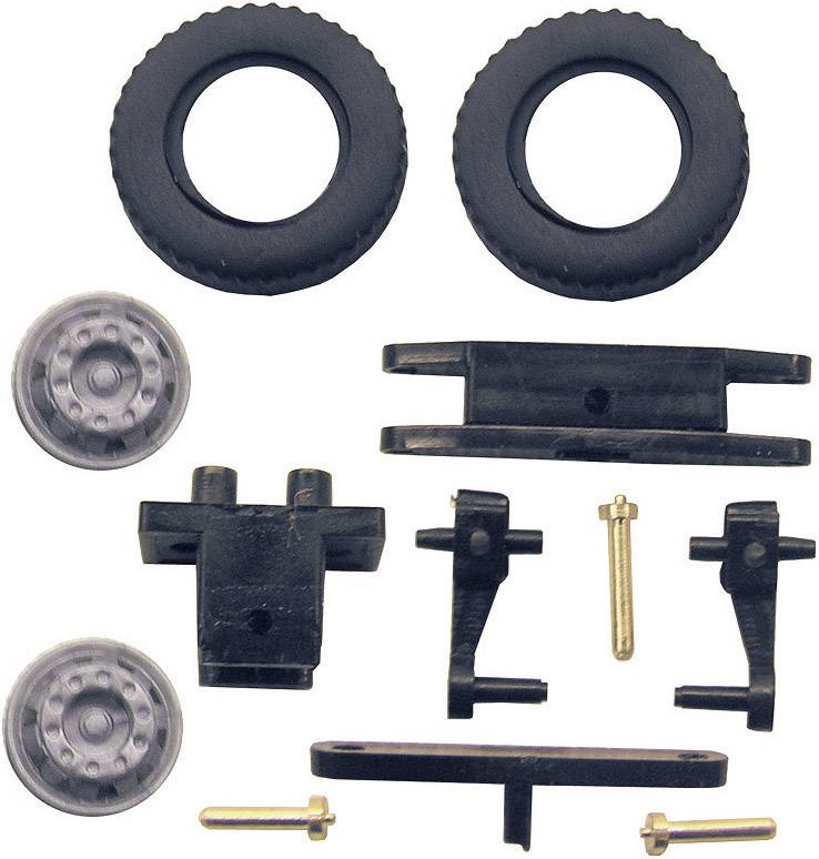 Due ruote nere, due cerchi grigi, telaio nero e vari componenti in plastica nera per l'assemblaggio di un modellino di auto.