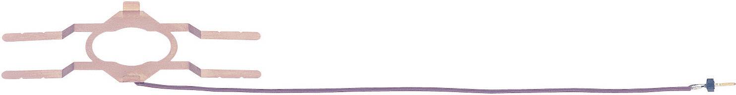 Un elemento sensore di temperatura in rame con quattro bracci, fissato a un cavo con un connettore blu.