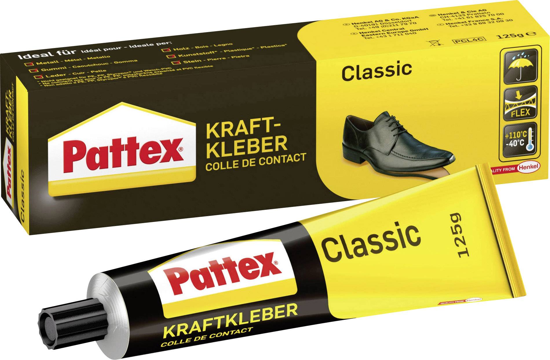 Tubo e confezione di 'Pattex Kraftkleber Classic'. Adatto per cuoio, con resistenza a calore e freddo illustrata.