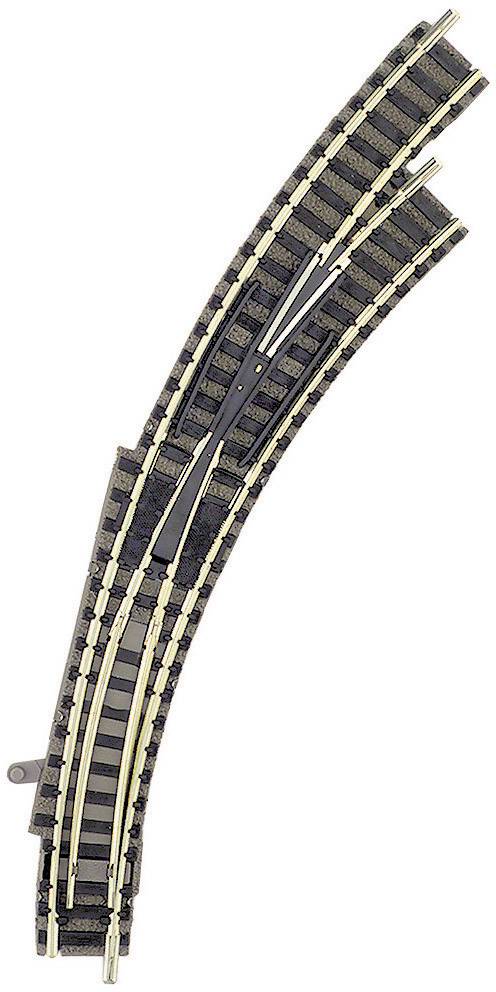 Un binario ferroviario curvo per trenini. È composto da due rotaie parallele collegate da traversine trasversali.